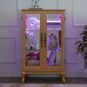 English Elm Elegant Oak Curio Cabinet with LED Lighting Mirrored Interior and Tempered Glass Shelves W2275P389706