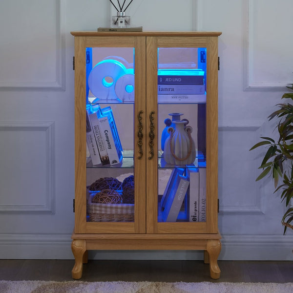 English Elm Elegant Oak Curio Cabinet with LED Lighting Mirrored Interior and Tempered Glass Shelves W2275P389706