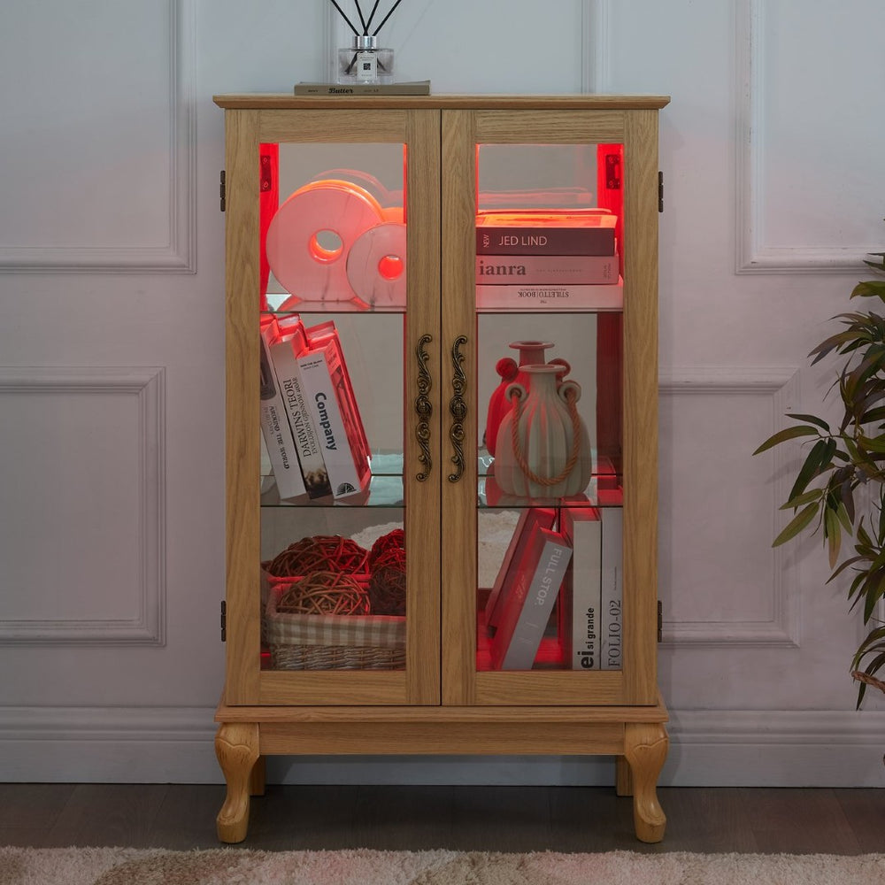 English Elm Elegant Oak Curio Cabinet with LED Lighting Mirrored Interior and Tempered Glass Shelves W2275P389706