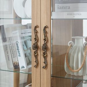 English Elm Elegant Oak Curio Cabinet with LED Lighting Mirrored Interior and Tempered Glass Shelves W2275P389706