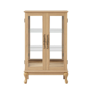 English Elm Elegant Oak Curio Cabinet with LED Lighting Mirrored Interior and Tempered Glass Shelves W2275P389706
