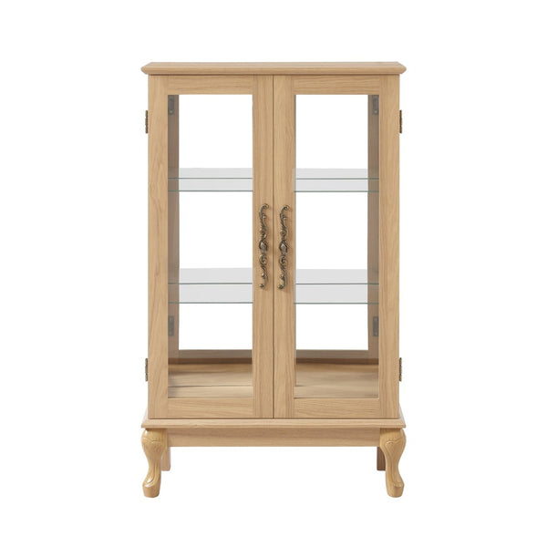 English Elm Elegant Oak Curio Cabinet with LED Lighting Mirrored Interior and Tempered Glass Shelves W2275P389706