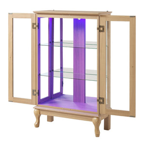 English Elm Elegant Oak Curio Cabinet with LED Lighting Mirrored Interior and Tempered Glass Shelves W2275P389706