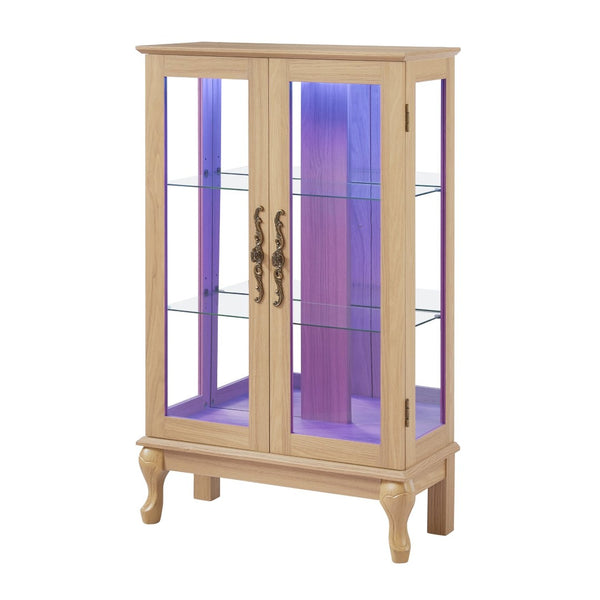 English Elm Elegant Oak Curio Cabinet with LED Lighting Mirrored Interior and Tempered Glass Shelves W2275P389706