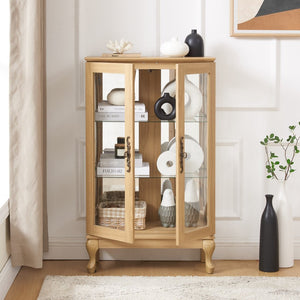 English Elm Elegant Oak Curio Cabinet with LED Lighting Mirrored Interior and Tempered Glass Shelves W2275P389706