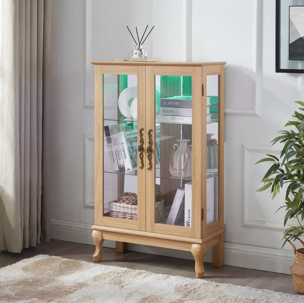 English Elm Elegant Oak Curio Cabinet with LED Lighting Mirrored Interior and Tempered Glass Shelves W2275P389706