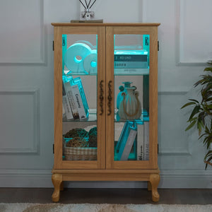 English Elm Elegant Oak Curio Cabinet with LED Lighting Mirrored Interior and Tempered Glass Shelves W2275P389706