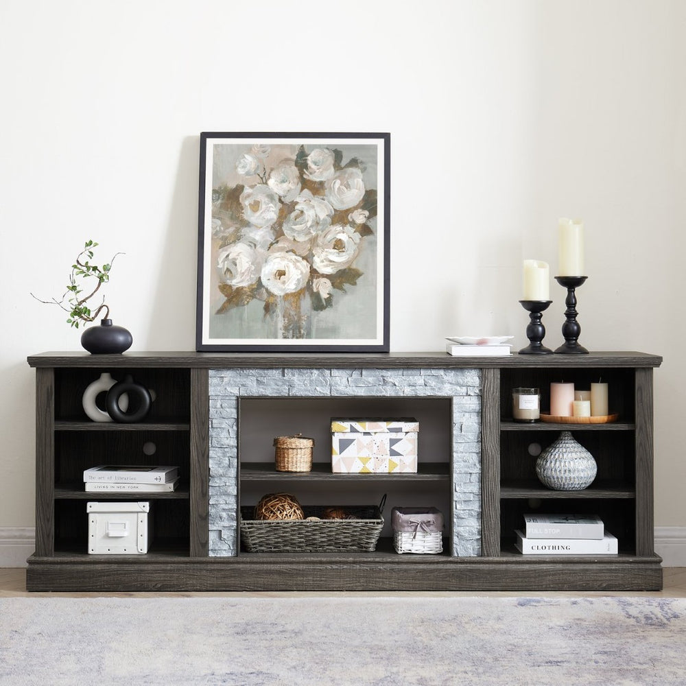 English Elm Large Faux Stone Surround Media Console with Adjustable Storage for 75 Inch TVs W2275P389708