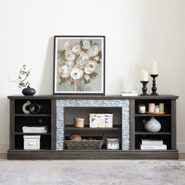 English Elm Large Faux Stone Surround Media Console with Adjustable Storage for 75 Inch TVs W2275P389708