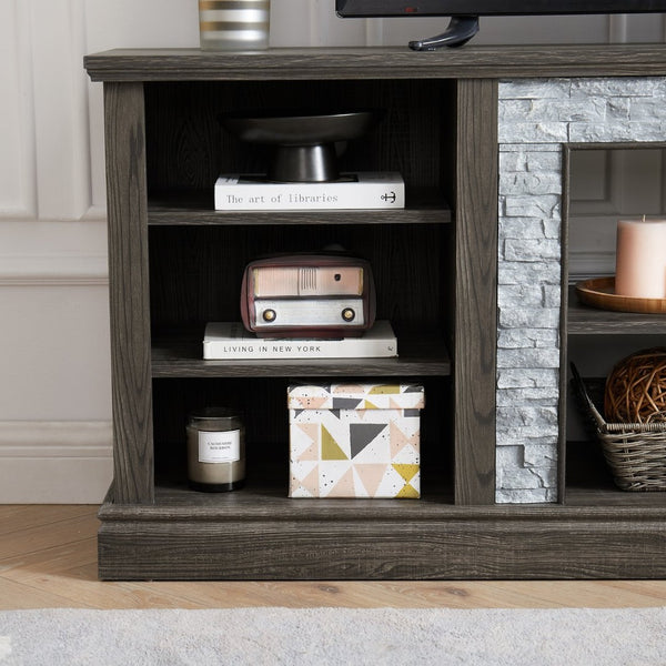 English Elm Large Faux Stone Surround Media Console with Adjustable Storage for 75 Inch TVs W2275P389708