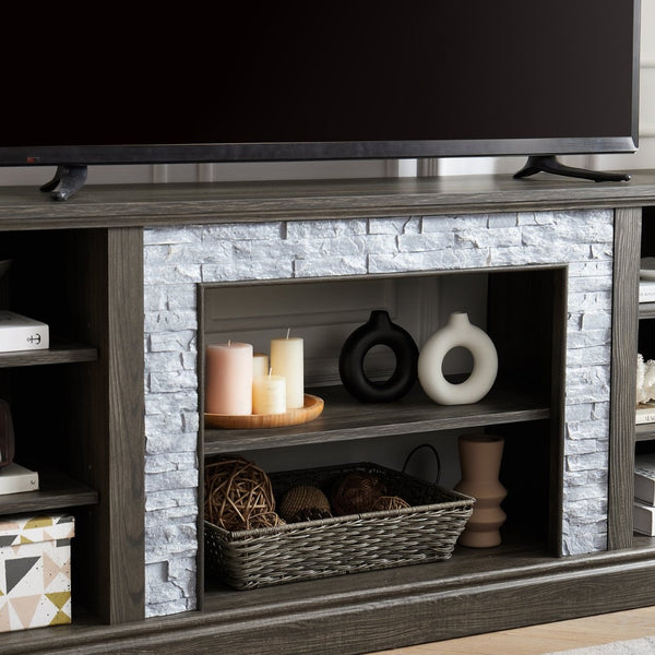 English Elm Large Faux Stone Surround Media Console with Adjustable Storage for 75 Inch TVs W2275P389708