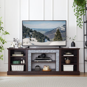 English Elm Large Faux Stone Media Console with Cabinet Open Shelving Cherry Warm Finish W2275P389709