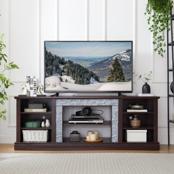 English Elm Large Faux Stone Media Console with Cabinet Open Shelving Cherry Warm Finish W2275P389709