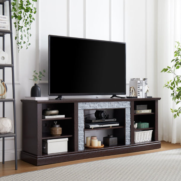 English Elm Large Faux Stone Media Console with Cabinet Open Shelving Cherry Warm Finish W2275P389709