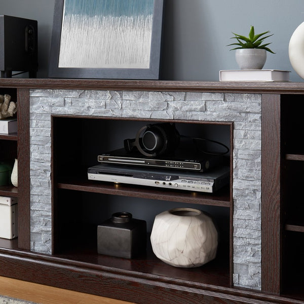 English Elm Large Faux Stone Media Console with Cabinet Open Shelving Cherry Warm Finish W2275P389709