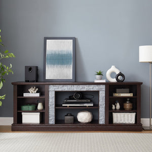 English Elm Large Faux Stone Media Console with Cabinet Open Shelving Cherry Warm Finish W2275P389709