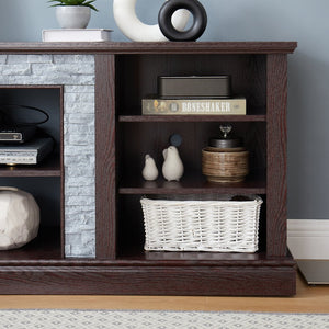English Elm Large Faux Stone Media Console with Cabinet Open Shelving Cherry Warm Finish W2275P389709