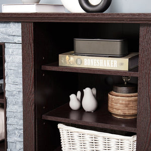English Elm Large Faux Stone Media Console with Cabinet Open Shelving Cherry Warm Finish W2275P389709