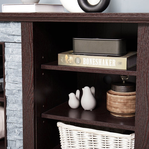 English Elm Large Faux Stone Media Console with Cabinet Open Shelving Cherry Warm Finish W2275P389709