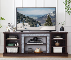 English Elm Large Faux Stone Media Console with Cabinet Open Shelving Cherry Warm Finish W2275P389709