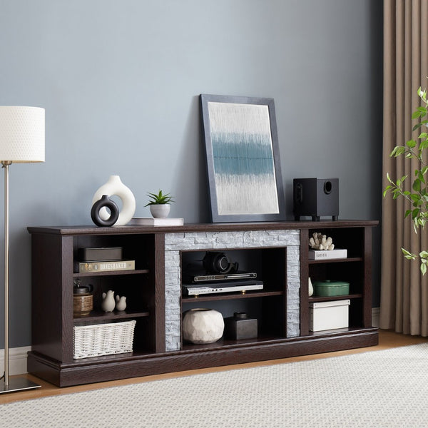 English Elm Large Faux Stone Media Console with Cabinet Open Shelving Cherry Warm Finish W2275P389709
