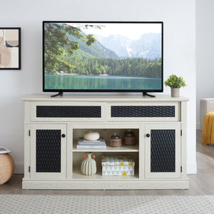 English Elm Embossed Farmhouse Media Console with Sliding Doors Open Shelving and Cable Management White W2275P389922