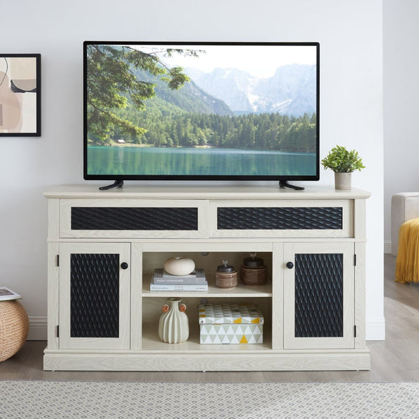 English Elm Embossed Farmhouse Media Console with Sliding Doors Open Shelving and Cable Management White W2275P389922