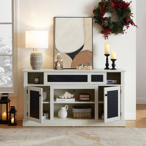English Elm Embossed Farmhouse Media Console with Sliding Doors Open Shelving and Cable Management White W2275P389922