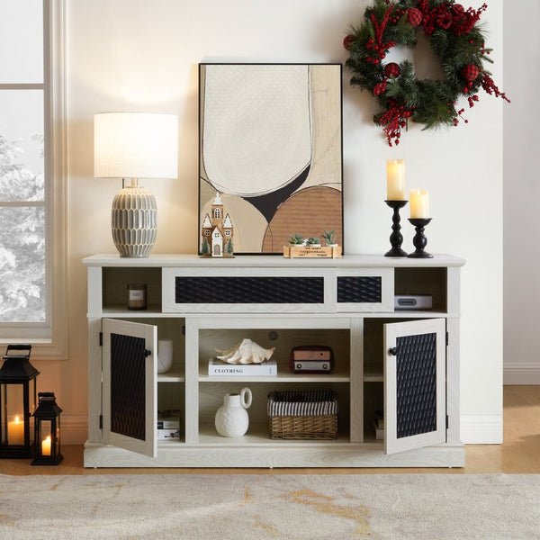 English Elm Embossed Farmhouse Media Console with Sliding Doors Open Shelving and Cable Management White W2275P389922