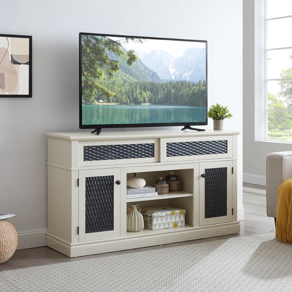 English Elm Embossed Farmhouse Media Console with Sliding Doors Open Shelving and Cable Management White W2275P389922
