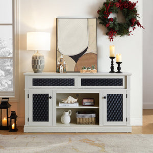 English Elm Embossed Farmhouse Media Console with Sliding Doors Open Shelving and Cable Management White W2275P389922