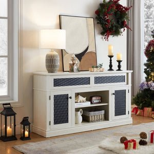 English Elm Embossed Farmhouse Media Console with Sliding Doors Open Shelving and Cable Management White W2275P389922