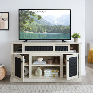 English Elm Embossed Farmhouse Media Console with Sliding Doors Open Shelving and Cable Management White W2275P389922