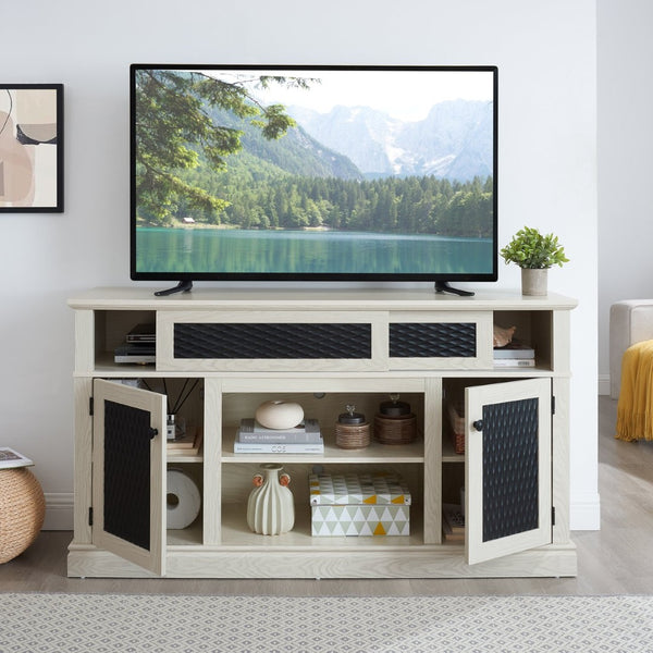 English Elm Embossed Farmhouse Media Console with Sliding Doors Open Shelving and Cable Management White W2275P389922