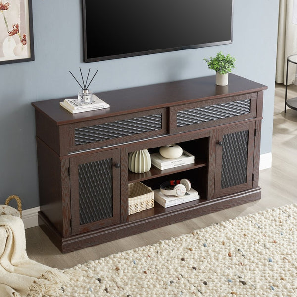 English Elm Embossed Farmhouse Media Console with Sliding Doors Open Shelving and Cable Management Cherry W2275P389923
