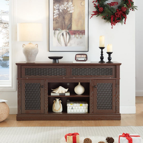 English Elm Embossed Farmhouse Media Console with Sliding Doors Open Shelving and Cable Management Cherry W2275P389923