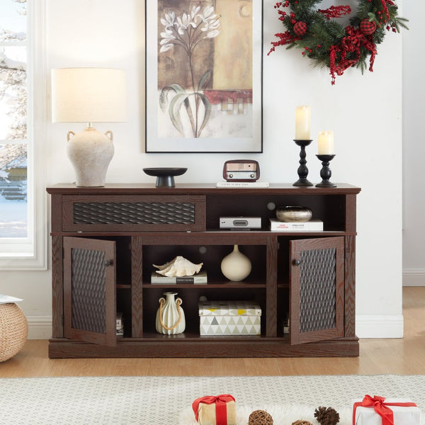 English Elm Embossed Farmhouse Media Console with Sliding Doors Open Shelving and Cable Management Cherry W2275P389923