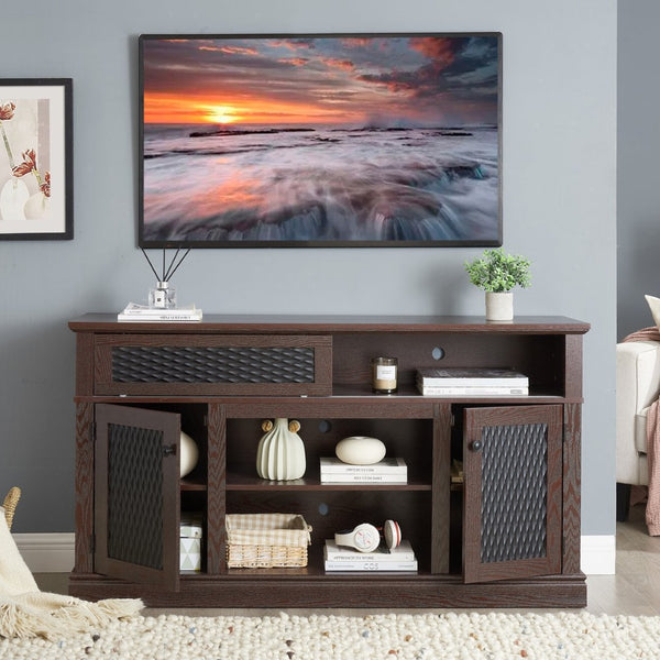English Elm Embossed Farmhouse Media Console with Sliding Doors Open Shelving and Cable Management Cherry W2275P389923