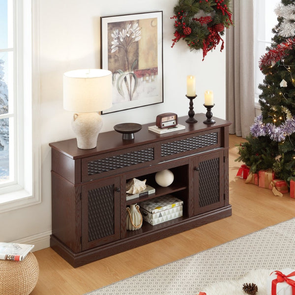English Elm Embossed Farmhouse Media Console with Sliding Doors Open Shelving and Cable Management Cherry W2275P389923