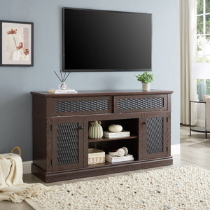 English Elm Embossed Farmhouse Media Console with Sliding Doors Open Shelving and Cable Management Cherry W2275P389923