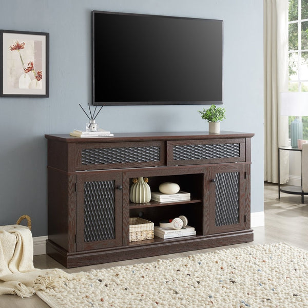 English Elm Embossed Farmhouse Media Console with Sliding Doors Open Shelving and Cable Management Cherry W2275P389923