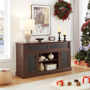 English Elm Embossed Farmhouse Media Console with Sliding Doors Open Shelving and Cable Management Cherry W2275P389923