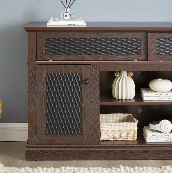 English Elm Embossed Farmhouse Media Console with Sliding Doors Open Shelving and Cable Management Cherry W2275P389923
