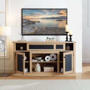 English Elm Embossed Farmhouse Media Console with Sliding Doors Open Shelving and Cable Management Light Oak W2275P389924