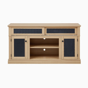 English Elm Embossed Farmhouse Media Console with Sliding Doors Open Shelving and Cable Management Light Oak W2275P389924