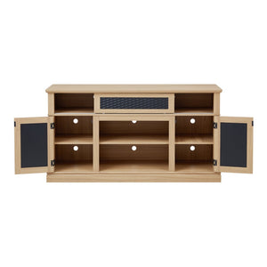 English Elm Embossed Farmhouse Media Console with Sliding Doors Open Shelving and Cable Management Light Oak W2275P389924