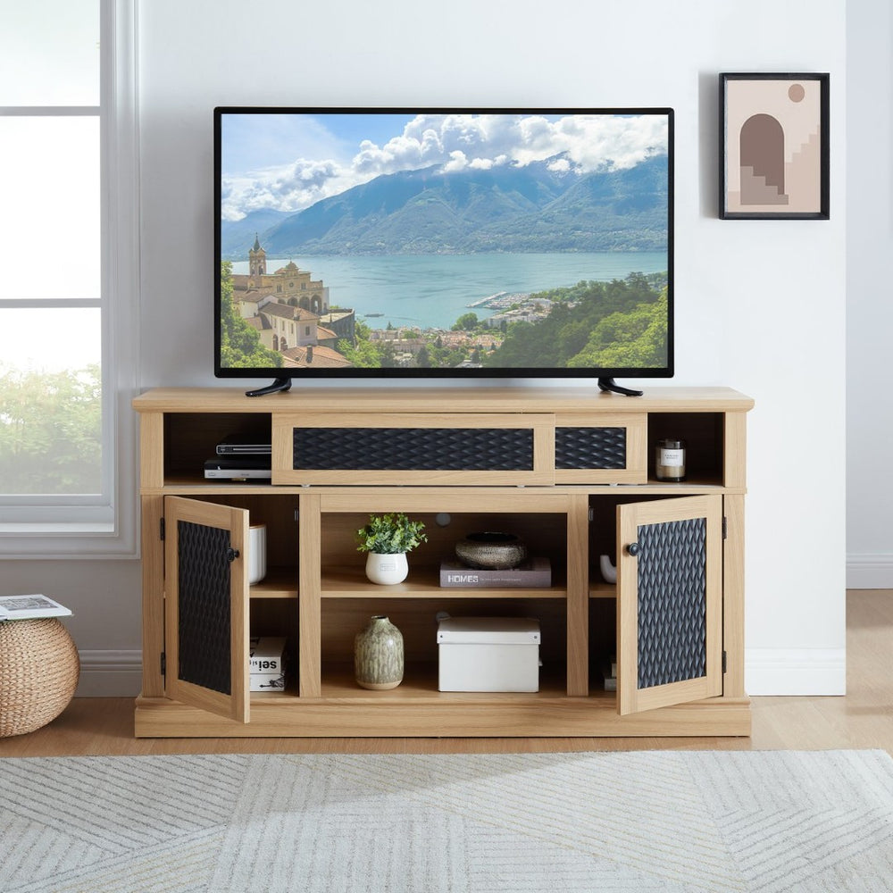 English Elm Embossed Farmhouse Media Console with Sliding Doors Open Shelving and Cable Management Light Oak W2275P389924