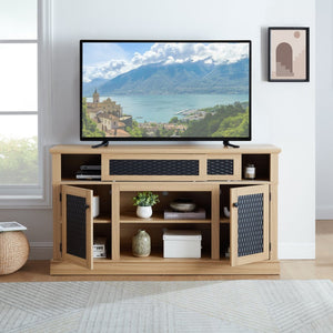English Elm Embossed Farmhouse Media Console with Sliding Doors Open Shelving and Cable Management Light Oak W2275P389924