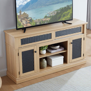 English Elm Embossed Farmhouse Media Console with Sliding Doors Open Shelving and Cable Management Light Oak W2275P389924