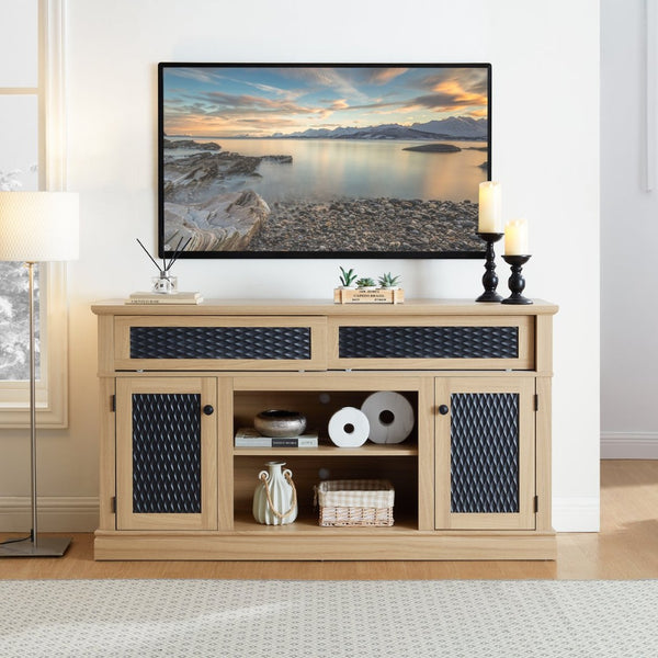 English Elm Embossed Farmhouse Media Console with Sliding Doors Open Shelving and Cable Management Light Oak W2275P389924